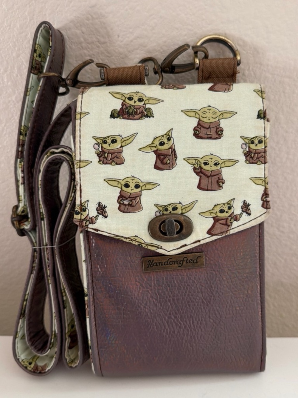 Handcrafted Baby Yoda Crossbody Bag in Brown and Cream